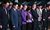From second from left: Democratic Party floor leader Park Chan-dae, People Power Party floor leader Choo Kyung-ho, the leader of an association for the bereaved families Lee Jeong-min and Australian victim Grace Rached's mother Joan Rached pay silent tribute during a memorial event held near City Hall in central Seoul on Saturday. [NEWS1]