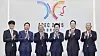 Industry leaders and President Lee Jae Myung pose for a photo at the HICO convention center in Gyeongju, North Gyeongsang, on Oct. 31. From left are: Naver Founder Chairman Lee Hae-jin, SK Group Chairman Chey Tae-won, Nvidia CEO Jensen Huang, President Lee, Samsung Electronics Executive Chairman Lee Jae-yong and Hyundai Motor Group Executive Chair Euisun Chung. [PRESIDENTIAL OFFICE]
