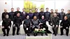 North Korean leader Kim Jong-un, first row fourth from left, is seen posing with officials during a visit to the Ministry of National Defense on the occasion of the 78th anniversary of the founding of the Korean People’s Army, also known as Army Day, on Feb. 8. [RODONG SINMUN]