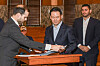 SPC Group President Hur Jin-soo, center, signs a deal for investment incentives for the construction of its factory at a ceremony at the Johnson County District Court in Texas on Jan. 27. [SPC]