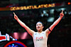 An Se-young celebrates after defeating China's Wang Zhi-yi during their women's singles final match at the BWF Badminton World Tour Finals at the Hangzhou Olympic Sports Centre Gymnasium in Hangzhou, China, on Dec. 21, 2025. [AFP/YONHAP]