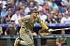 San Diego Padres' Kim Ha-seong doubles off Colorado Rockies starting pitcher Kyle Freeland in the second inning of a baseball game on Aug. 17 in Denver. [AP/YONHAP]