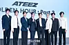 Boy band Ateez poses for photos during a news conference for the release of its 12th EP, “Golden Hour: Part.3,” at Hotel Naru Seoul MGallery Ambassador in western Seoul. [DANIELA GONZALEZ PEREZ]