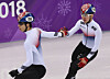 Short track speed skater Hwang Dae-heon. left, celebrates with Lim Hyo-jun after finishing the men's 500-meter race at Gangneung Ice Arena at the 2018 PyeongChang Olympics in Gangneung, Gangwon, on Feb. 22, 2018. [NEWS1]