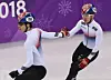 Short track speed skater Hwang Dae-heon. left, celebrates with Lim Hyo-jun after finishing the men's 500-meter race at Gangneung Ice Arena at the 2018 PyeongChang Olympics in Gangneung, Gangwon, on Feb. 22, 2018. [NEWS1]