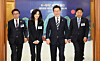 President Lee Jae Myung, second from right, and Lee Boo-jin, second from left, CEO of Hotel Shilla and chairperson of the Visit Korea Committee, attend an expanded national tourism strategy meeting at the Blue House in Seoul on Feb. 25. [YONHAP]