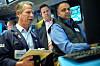 Dilip Patel, right, and Bobby Charmak, left, work on the floor at the New York Stock Exchange in New York on Dec. 10. [AP/YONHAP]