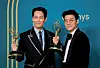 Lee Jung-jae, winner of the Emmy for outstanding lead actor in a drama series for 'Squid Game,' left, and Hwang Dong-hyuk, winner of the Emmy for outstanding directing for a drama series for 'Squid Game' at the 74th Primetime Emmy Awards on Sept. 12, 2022 in Los Angeles. [AP/YONHAP]