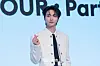 Ateez’s Seonghwa poses for photos during a news conference for the release of its 12th EP, “Golden Hour: Part.3,” at Hotel Naru Seoul MGallery Ambassador in western Seoul. [DANIELA GONZALEZ PEREZ]