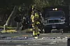 A firefighter stands at the scene of an explosion in Palm Springs, California, on May 17. [AP/YONHAP]