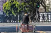 A protester stands by in front of the U.S. Border Patrol after protesters clash during a raid that was conducted by Immigration and Customs Enforcement near a Home Depot in Paramount, California on June 7. [AFP/YONHAP]