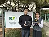 Won Young, a student studying at Konyang University's Department of National Defense & Police Administration, left, and Nguten Thi Ngoc Huyei, a Vietnamese student at the university's Department of Global Hotel Tourism, hold a black ginseng product they developed during the university's startup lecture. [KONYANG UNIVERSITY]