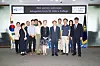 Nora Demleitner, president of St. John’s College, center left, and Park Jong-tae, president of Incheon National University (INU), center right, take a photo last week during a visit by a delegation from the American college to INU’s campus in Incheon in a photo released on Friday. [INCHEON NATIONAL UNIVERSITY]