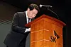 SK Group Chairman Chey Tae-won bows in apology during a press briefing held at SK Telecom's headquarters in Jung District, central Seoul on May 7. [JOINT PRESS CORPS]