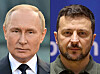 This combination of file photographs created on Aug. 8 shows Russian President Vladimir Putin, left, giving a speech during an event to mark the 1160th anniversary of Russia's statehood in Veliky Novgorod on Sept. 21, 2022, and a handout photograph taken and released by the Ukrainian Presidential Press Service on June 27, 2024, in which Ukrainian President Volodymyr Zelensky poses with documents during a signature ceremony at the EU headquarters in Brussels. [AFP/YONHAP]