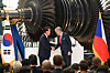 Korean President Yoon Suk Yeol, left, and Czech Prime Minister Petr Fiala shake hands after signing agreements on nuclear energy cooperation at Doosan Skoda Power in the Plzen industrial park in the Czech Republic on Friday. [PRESIDENTIAL OFFICE]