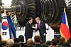 Korean President Yoon Suk Yeol, left, and Czech Prime Minister Petr Fiala shake hands after signing agreements on nuclear energy cooperation at Doosan Skoda Power in the Plzen industrial park in the Czech Republic on Friday. [PRESIDENTIAL OFFICE]