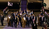 Korean President Yoon Suk Yeol, third from left, first lady Kim Keon Hee and the presidential entourage arrive on Air Force One, escorted by Saudi fighter jets, at King Khalid International Airport in Riyadh for a state visit to Saudi Arabia on Saturday evening. They were greeted by an honor guard and Saudi officials, including Prince Mohammed bin Abdulrahman bin Abdulaziz, deputy governor of Riyadh. [JOINT PRESS CORPS]