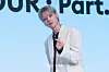 Ateez’s Wooyoung poses for photos during a news conference for the release of its 12th EP, “Golden Hour: Part.3,” at Hotel Naru Seoul MGallery Ambassador in western Seoul. [DANIELA GONZALEZ PEREZ]