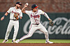 Atlanta Braves shortstop Kim Ha-seong throws out Dylan Crews of the Washington Nationals during the clubs' MLB regular-season game at Truist Park in Atlanta on Sept. 23. [REUTERS/YONHAP]