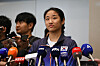 Badminton player An Se-young speaks to reporters at Incheon International Airport in Incheon on Aug. 7. [YONHAP]