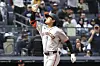 San Francisco Giants outfielder Lee Jung-hoo reacts after hitting a three run home run during the sixth inning of a baseball game against the New York Yankees on April 13 in New York. [AP/YONHAP]