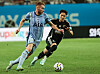 Yang Min-hyuk, right, vies for the ball with Dejan Kulusevski during a Coupang Play Series match between Tottenham Hotspur and Team K League at Seoul World Cup Stadium in western Seoul on July 31. [NEWS1]