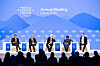 President and member of the Managing Board of the World Economic Forum (WEF), Borge Brende (right), speaks during a plenary session in the Congress Hall next to (left to right) Khaldoon Khalifa Al Mubarak, CEO of Mubadala Investment Company, Marcus Wallenberg, chairman of the board of directors of SEB (Skandinaviska Enskilda Banken), David M. Rubenstein, co-founder and co-chairman carlyle and member of the board of trustees of the WEF, Ngozi Okonjo-Iweala, director-general of the World Trade Organization, during the 55th annual meeting of the WEF in Davos, Switzerland, 21 Jan. 2025. [EPA/YONHAP]