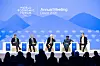 President and member of the Managing Board of the World Economic Forum (WEF), Borge Brende (right), speaks during a plenary session in the Congress Hall next to (left to right) Khaldoon Khalifa Al Mubarak, CEO of Mubadala Investment Company, Marcus Wallenberg, chairman of the board of directors of SEB (Skandinaviska Enskilda Banken), David M. Rubenstein, co-founder and co-chairman carlyle and member of the board of trustees of the WEF, Ngozi Okonjo-Iweala, director-general of the World Trade Organization, during the 55th annual meeting of the WEF in Davos, Switzerland, 21 Jan. 2025. [EPA/YONHAP]