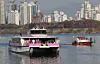 A Hangang Bus ferry remains stuck near the Jamsil dock on Nov. 16 after striking the riverbed a day earlier. [YONHAP]