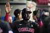 Cleveland Guardians' Estevan Florial celebrates during a baseball game against the Los Angeles Angels in Anaheim, California in May 25, 2024. [AP/YONHAP]