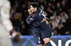 Paris Saint-Germain's Lee Kang-in, right, and Kylian Mbappe celebrate during a Ligue 1 match against Montpellier at Parc de Prines in Paris on Nov. 3. [XINHUA/YONHAP]
