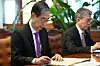 Acting President Han Duck-soo, left, chairs an emergency response meeting on the U.S. ″reciprocal″ tariff announcement held at the government complex in central Seoul on April 3. [PRIME MINISTER'S SECRETARIAT]