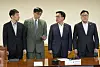 From left: Financial Supervisory Service Gov. Lee Bok-hyun, Bank of Korea Gov. Rhee Chang-yong, Finance Minister Choi Sang-mok and Financial Services Commission Chairman Kim Byoung-hwan converse with each other during a meeting in Jung District, central Seoul, on April 3. [YONHAP]