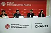 Busan International Film Festival director Jung Han-seok, second from right, speaks during a press conference at the Korea Chamber of Commerce and Industry building in Jung District, central Seoul, on Aug. 26. From left are ACFM Director Ellen Y.D. Kim, Chairperson Park Kwang-su, festival director Jung and program director Karen Park. [YONHAP]