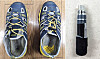 Shoes worn by the suspect at the time of the crime, left, and a pen-shaped USB camera [MINISTRY OF LAND, INFRASTRUCTURE AND TRANSPORT]