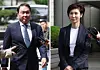 SK Group Chairman Chey Tae-won, left, and Roh Soh-yeong, his estranged wife and daughter of former President Roh Tae-woo, arrive at the Seoul High Court in Seocho District, southern Seoul, on April 16, 2024 for an appeals hearing in their divorce case. [YONHAP]