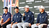 From left: Danny Lee of New Zealand, Kevin Na of the United States, Jang Yu-bin of Korea and Jinichiro Kozuma of Japan attend a press conference ahead of LIV Golf Korea at Jack Nicklaus Golf Club Korea in Incheon on April 30. [YONHAP]