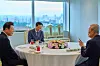 President Lee Jae Myung, left, holds a luncheon meeting with Kim Chong-in, right, former interim leader of the conservative People Power Party, at the Yongsan presidential office in central Seoul on July 17. [PRESIDENTIAL OFFICE]