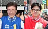 Left: Democratic Party leader Lee Jae-myung campaigns near Gyeyang Station in Incheon on Thursday. Right: People Power Party leader Han Dong-hoon greets voters at Moraenae Market in Incheon on Wednesday. [YONHAP]