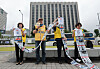 Choi Seong-ryong, head of the Families of Abductees to North Korea Association, second from left, speaks at a press conference in front of the Seoul Government Complex Seoul in Jongno District, central Seoul, on June 16, explaining the purpose and contents of the group's leaflet campaign to North Korea and urging the government to confirm the fate of their abducted family members. [YONHAP]
