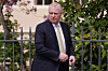 Prince Andrew looks round as he leaves after attending the Easter Matins Service at St. George's Chapel, Windsor Castle, England, April 20. [AP/YONHAP]