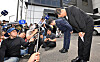 Park Soon-kwan, CEO of Aricell, and other executives bow their heads at the accident site in June to issue a public apology following a massive factory fire that killed 23 workers. [YONHAP]