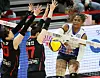 Suwon Hyundai Engineering & Construction Hillstate's Laetitia Moma Bassoko, right, attacks during a V League game against the Gwangju Pepper Savings Bank AI Peppers at Pepper Stadium in Gwangju on Saturday. [YONHAP]