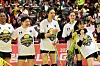 Suwon Hyundai Engineering & Construction Hillstate's Yang Hyo-jin, center celebrates winning the 2023-24 V League after a 3-1 victory over the Gwangju Pepper Savings Bank AI Peppers at Pepper Stadium in Gwangju on Saturday. [YONHAP]