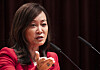 Sue Mi Terry, a former CIA analyst and senior official at the U.S. National Security Council, who was indicted on charges of working as an unregistered agent for the South Korean government by U.S. authorities on Tuesday, speaks during a screening of a documentary on North Korean defectors at South Korea's Foreign Ministry last November. [YONHAP]