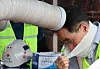 A worker cools off at a construction site for the Yangjae-daero project in Gangnam District, southern Seoul, on July 31. [YONHAP]