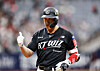 Hwang Jae-gyun of the KT Wiz celebrates after hitting an RBI single against the Kiwoom Heroes during the clubs' KBO regular-season game at Gocheok Sky Dome in Seoul on May 25. [YONHAP]