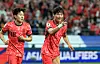 Korea's Oh Hyeon-gyu, right, celebrates during a 2026 World Cup qualifier against Kuwait at Seoul World Cup Stadium in western Seoul on June 10. [NEWS1]