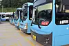 Buses sit parked at the Yeonje Public Bus Depot in Busan on May 28 as city buses in the region go on full strike following a breakdown in labor negotiations. [JOONGANG ILBO]